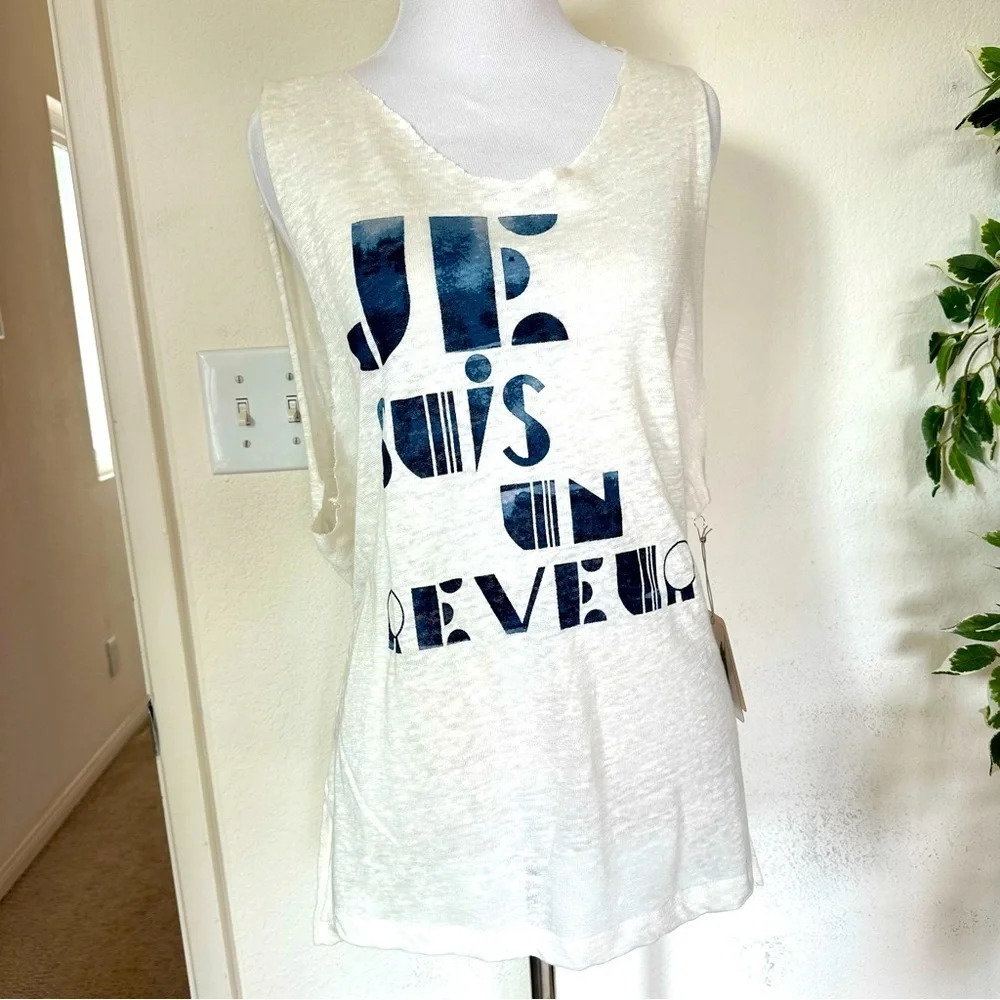 JE SUIS EN RÊVE Graphic Sleeveless 100% Linen Tank Dress Ivory Relaxed Yoga 🔥